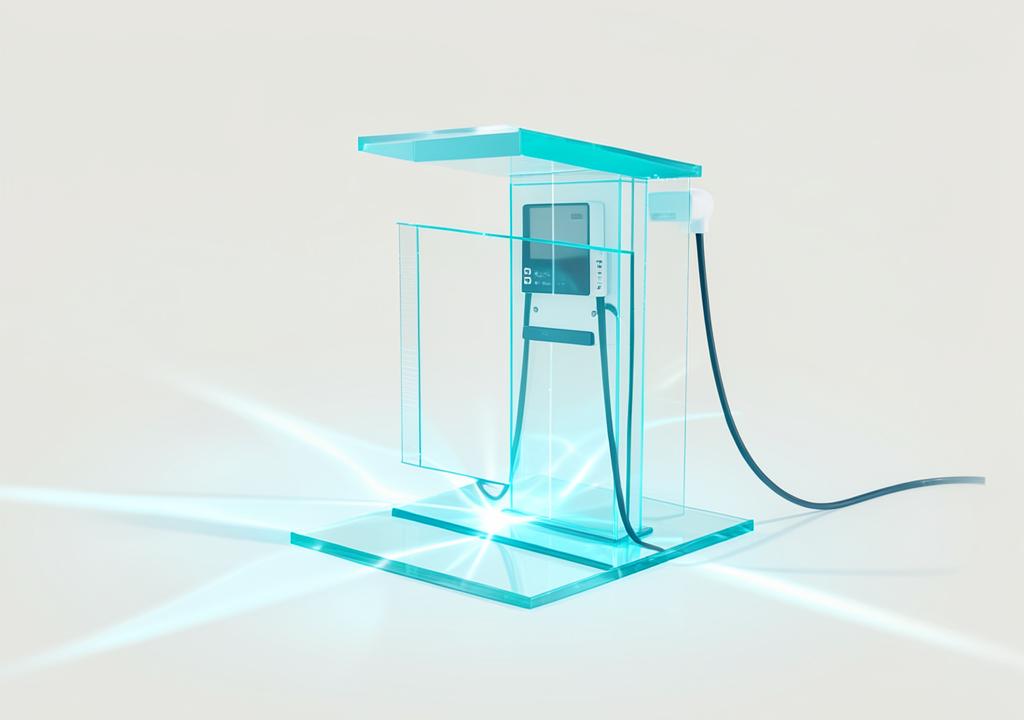 Glass model of a DC fast charger refracting cyan light
