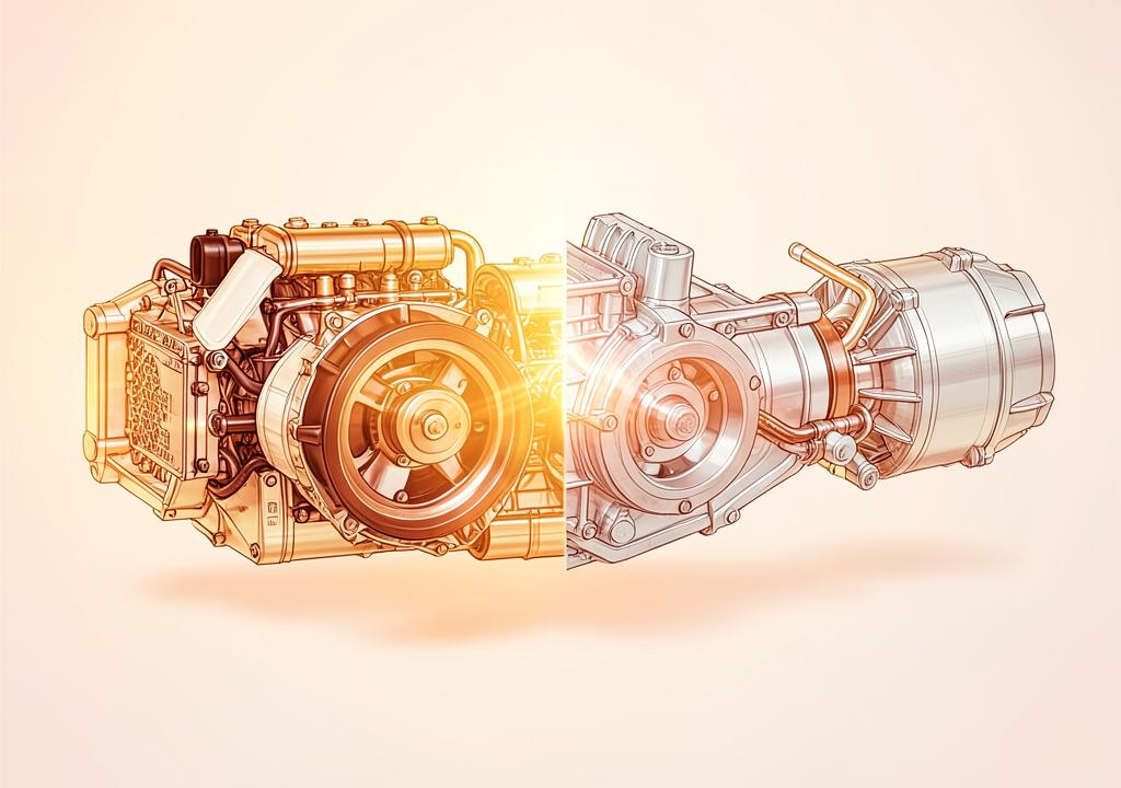 Split illustration of a hybrid powertrain — combustion engine and electric motor