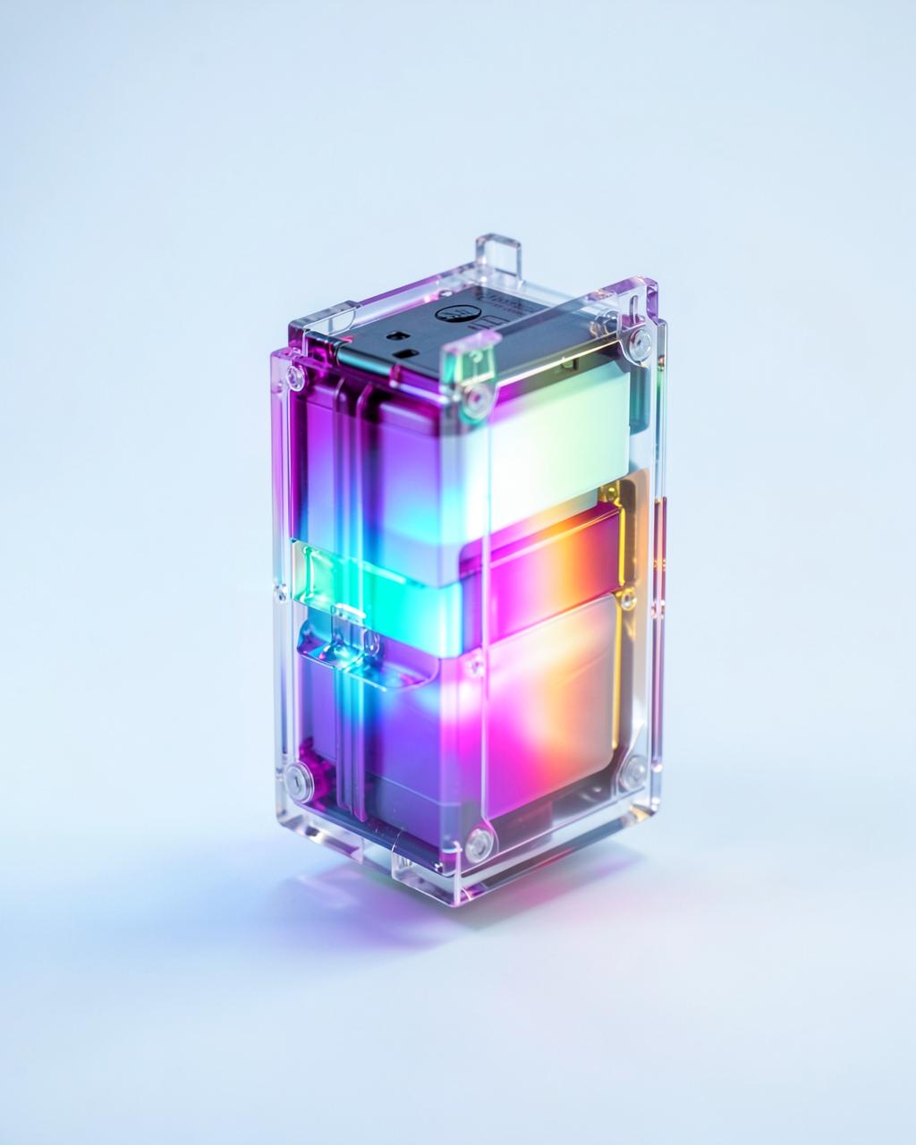Prismatic glass cutaway of an EV battery pack refracting a spectrum of light